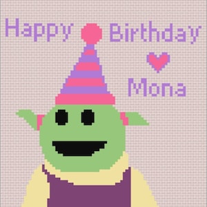 May include: A green alien with a purple and pink party hat, wearing a purple shirt and yellow sleeves. The text "Happy Birthday Mona" is written in purple on a pink background.