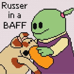 May include: A green alien with a purple dress and a pink bow in her hair is holding a brown and white dog. The text "Russer in a BAFF" is in the top left corner of the image.