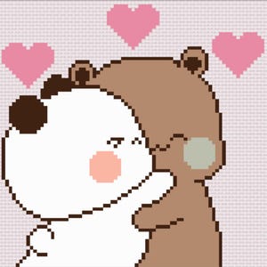 May include: A white and brown cartoon animal with a black nose and pink cheeks hugging a brown cartoon animal with a green ear.  The animals are surrounded by pink hearts on a light pink background.