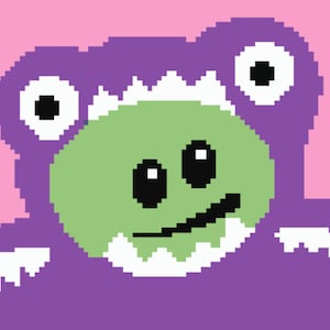 May include: A purple monster costume with a green face and white teeth. The monster has two large eyes and a big smile.