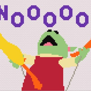 May include: A green puppet with a red dress and a yellow bird puppet in its hand, with the text "NOOOO!" in purple above it.