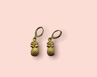 Gold Pineapple Charm 12mm Huggie Hoop Earring