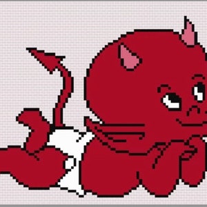 May include: A red baby devil with horns and a tail, wearing a white diaper, is lying on its stomach with its arms crossed under its chin.