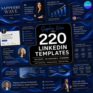 Op de afbeelding: Een donkerblauwe afbeelding met de tekst "Sapphire Wave" en "220 LinkedIn Templates". De afbeelding bevat afbeeldingen, grafieken en tekstvakken met informatie over LinkedIn marketing voor coaches, consultants en service professionals.