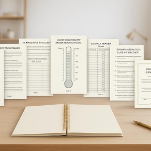 Pode incluir: Uma agenda espiral intitulada Ultimate Dalty Hooff Tracker com várias páginas internas exibidas, incluindo um gráfico de termômetro, um rastreador de poupança e uma lista numerada, tudo impresso em papel creme com texto preto.