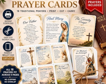 Ensemble de cartes de prière catholiques à imprimer | 18 prières catholiques traditionnelles | Téléchargement numérique instantané | Cartes de prière à faire soi-même | Format portefeuille