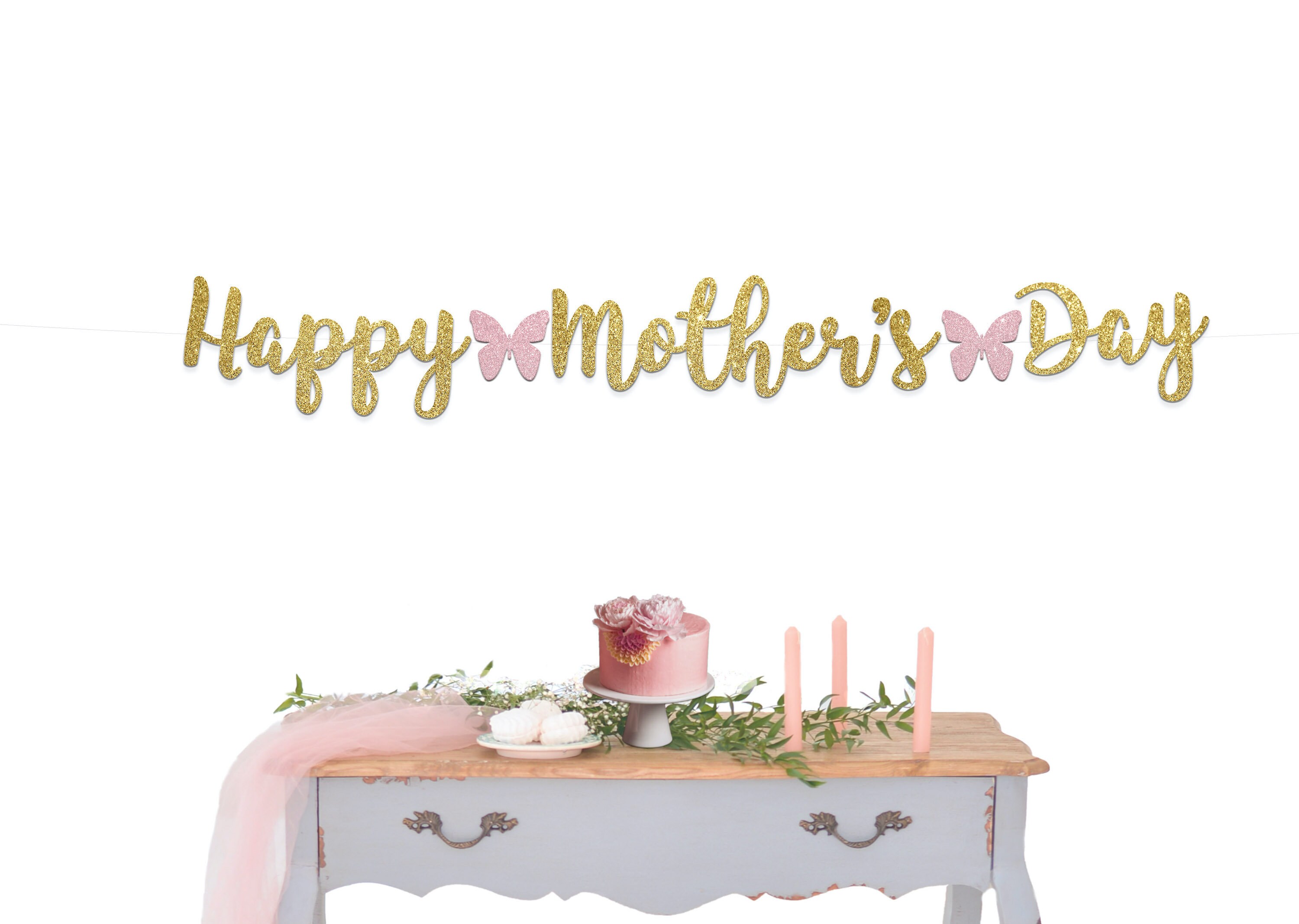 OULII Mothers Day Banners HAPPY MOTHERS DAY Capitalized Letter and Hearts Cutouts Bunting Garland Decoration 