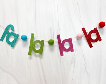 fa la la banner, felt ball banner, felt ball, felt banner, christmas banner, glitter banner, winter banner, holiday decor, holiday banner