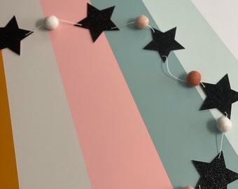 black star banner, glitter black star banner, glitter banner, stars banner, spooky szn, halloween banner, felt ball banner, halloween