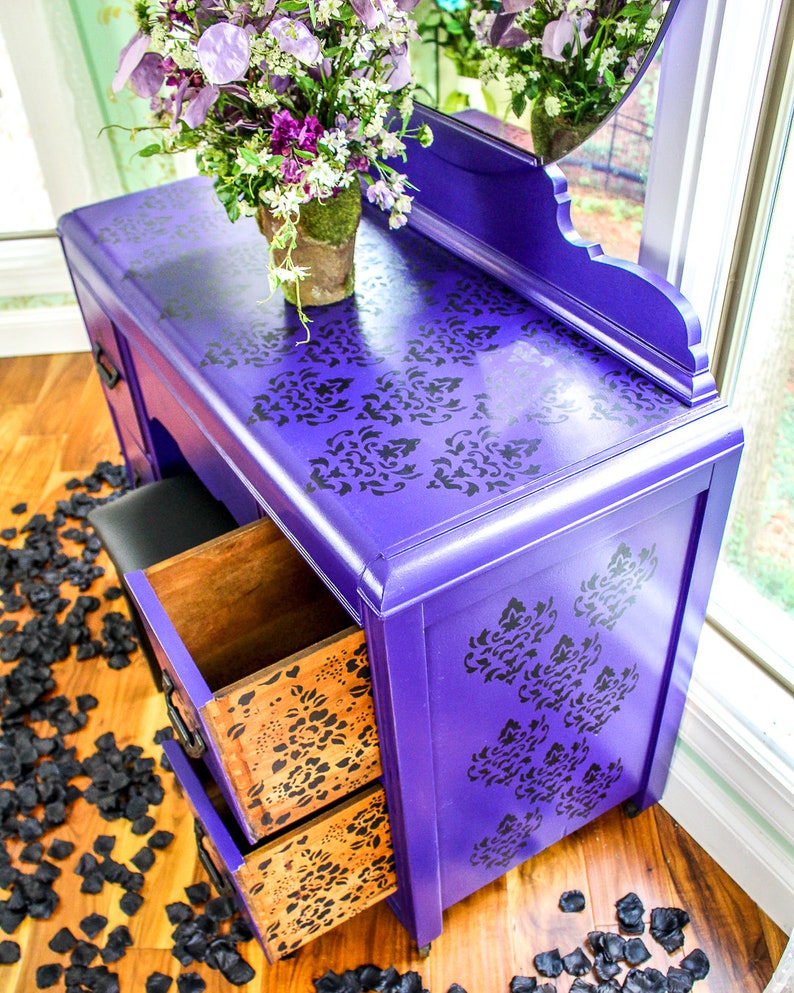 Black and purple vanity and makeup stand with mirror Painted and stenciled furniture Eclectic unique bohemian gothic medieval furniture