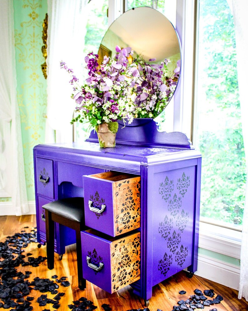 Black and purple vanity and makeup stand with mirror Painted and stenciled furniture Eclectic unique bohemian gothic medieval furniture