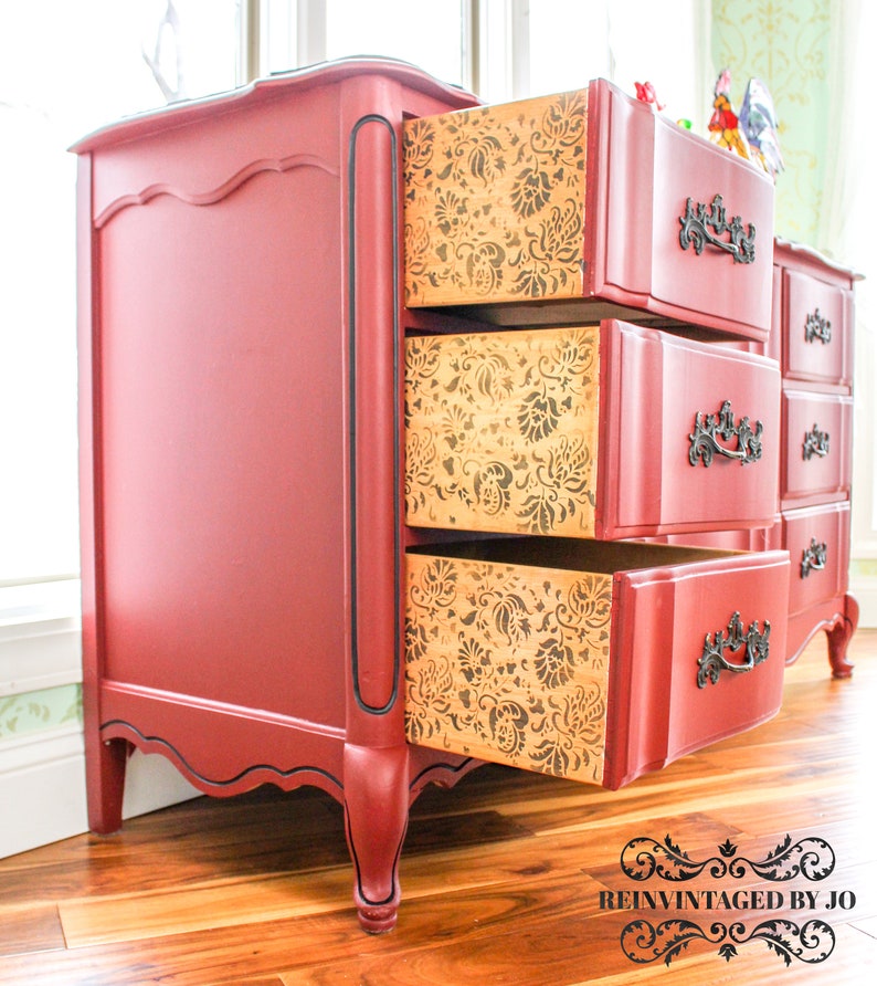 Sold Handpainted Red Black French Provincial Dresser Chest Of
