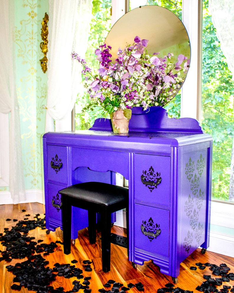 Black and purple vanity and makeup stand with mirror Painted and stenciled furniture Eclectic unique bohemian gothic medieval furniture
