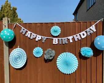 Grey fabric happy birthday bunting