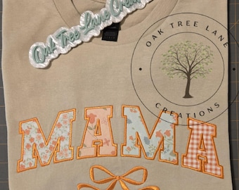 Mama Applique Embroidered T-Shirt: Floral Applique, Sand Color, Size Large