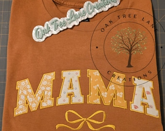 Mama Applique T-Shirt: Texas Orange, Floral Fabric, Gold Embroidery (Size Large)