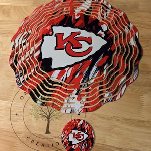 KC Chiefs 10 Inch Scalloped Wind Spinner and matching coin / Football Wind Spinner Garden Decoration Yard Ornament Yard Art Garden Art