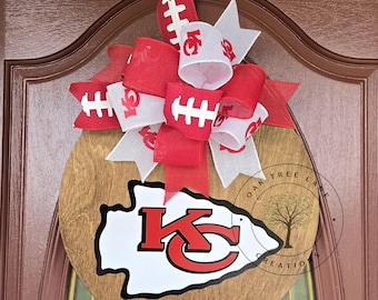 KC Chiefs Football Door Hanger: KC Team Colors, Wood Sign