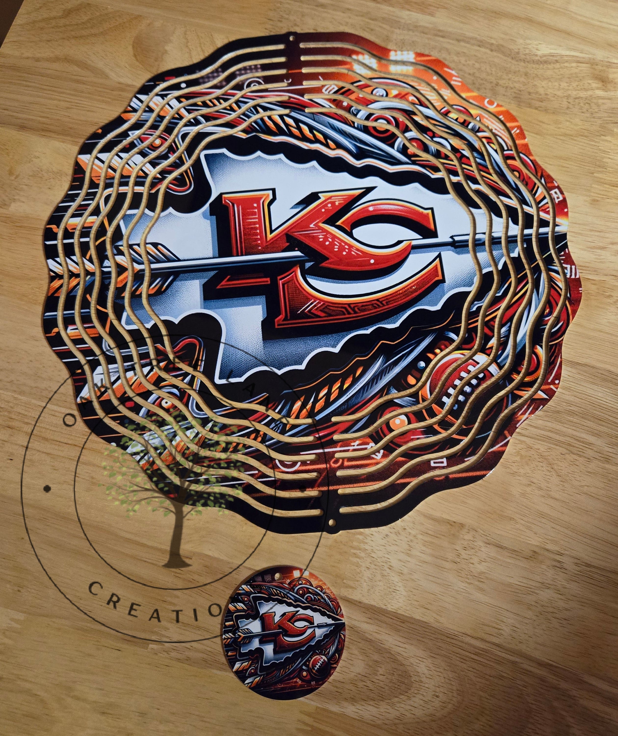 KC Chiefs 10 Inch Scalloped Wind Spinner and Matching Coin / Football