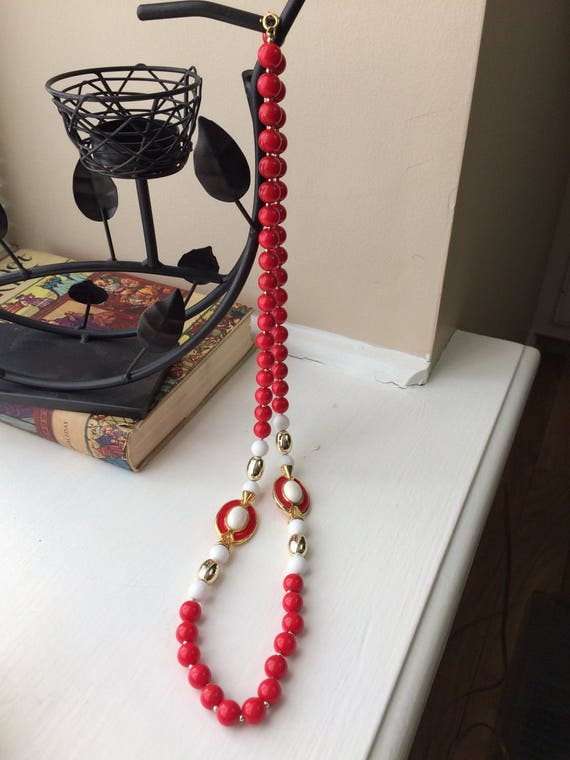 Long Vintage Beaded Necklace with Red, White, and… - image 1