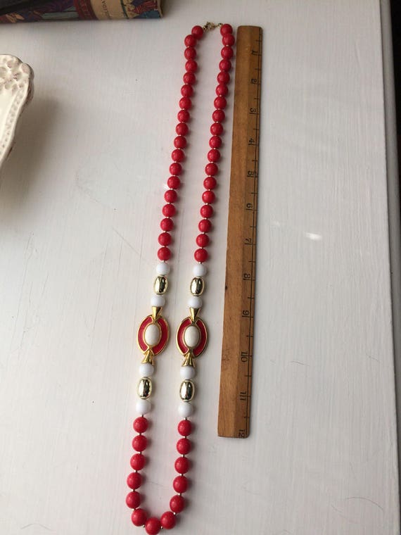 Long Vintage Beaded Necklace with Red, White, and… - image 2