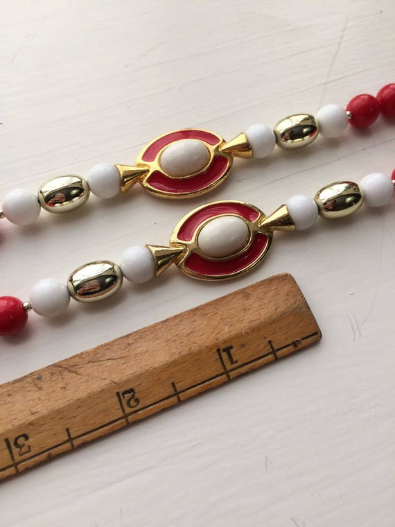 Long Vintage Beaded Necklace with Red, White, and… - image 3
