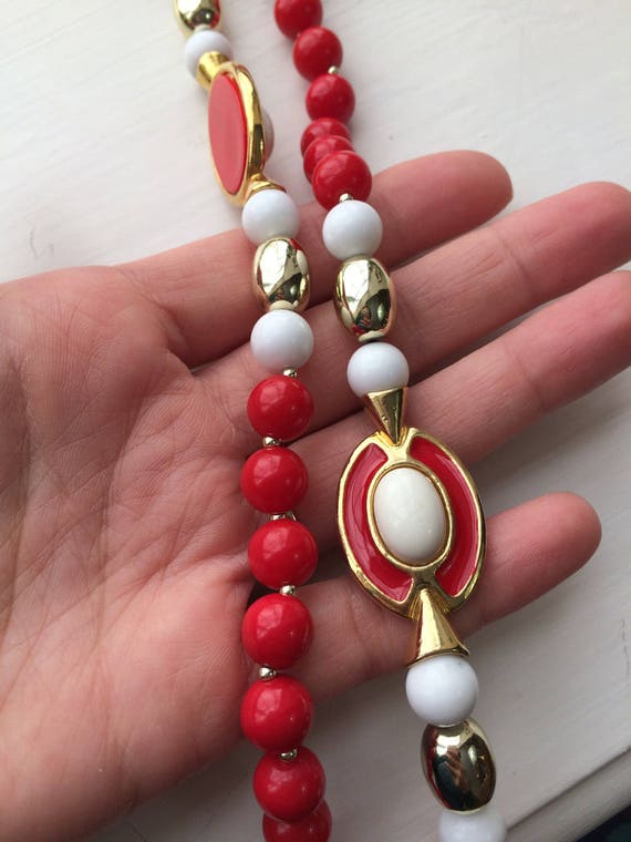 Long Vintage Beaded Necklace with Red, White, and… - image 4
