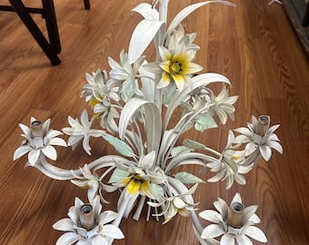 VTG 1960s Italian Metal Toleware Floral Candle Chandelier Cottage Shabby Boho