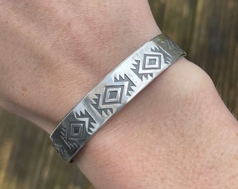 Aztec boho sterling silver cuff bracelet, bangle