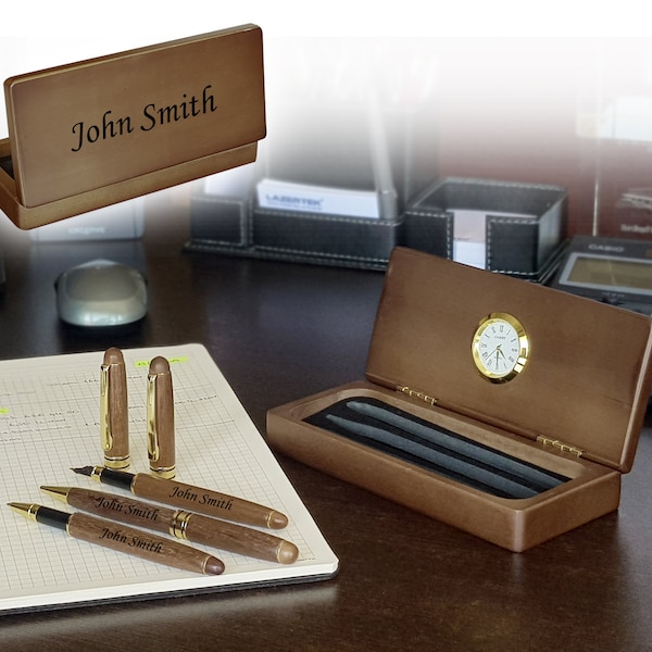 Personalized Laser Engraved Wooden Pen Set with Quartz Clock – Fountain Pen – Ballpoint Pen – Roller Ball Pen – Custom Pens - Teachers Gift