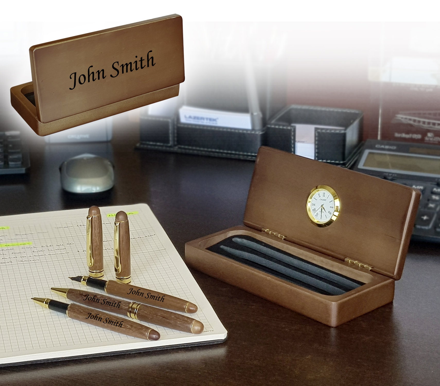 Personalized Laser Engraved Wooden Pen Set With Quartz Clock Etsy Canada