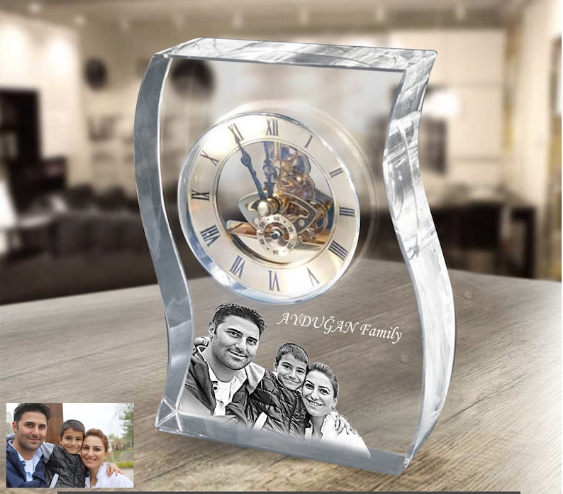 Laser Engraved Crystal Mantel Clock Custom Etched Glass Desk Etsy