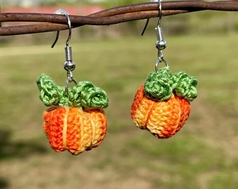 Pumpkin Earrings, Fall Pumpkins, Halloween and Fall dangle earrings, handmade crochet, gift for her, Thanksgiving earrings, stuffed pumpkins
