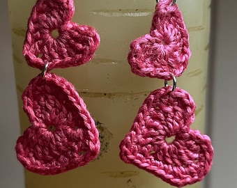 Heart dangle earrings, double heart, crochet, gift for her, pink, sweetheart gift, valentine for teacher, handmade jewelry, birthday gift