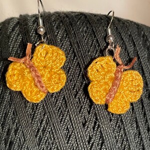 Dainty butterfly dangle earrings, crochet, lightweight, yellow, handmade, gift for her, mom, thinking of you gift, hypoallergenic ear hooks