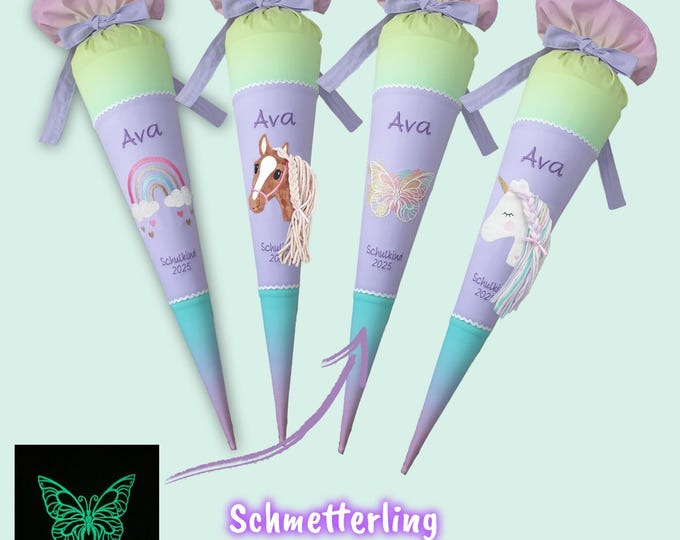 70 cm Schultüte Regenbogen Schmetterling Einhorn Pferd (Schmetterling leuchtet im Dunkeln) passend zum Zaubärwelt Schulranzen