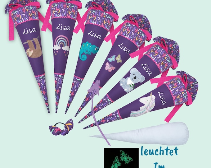 70 cm Schultüte Faultier Regenbogen Chamäleon Schmetterling Koala Einhorn (Schmetterlinge leuchten) passend zum Ambärzonas Schulranzen