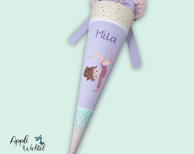 Schultüte mit Turnerin in pastel Regenbogenfarben