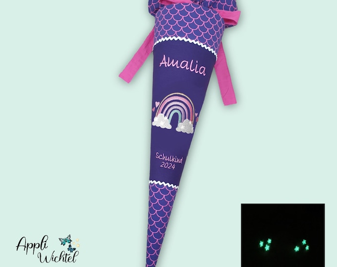 Schultüte glitzer Regenbogen (Sternchen leuchten im Dunkeln) passend zum Perlentauchbär Schulranzen