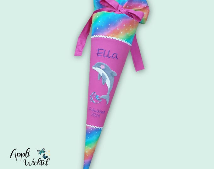 Schultüte mit Delfin in Regenbogenfarben