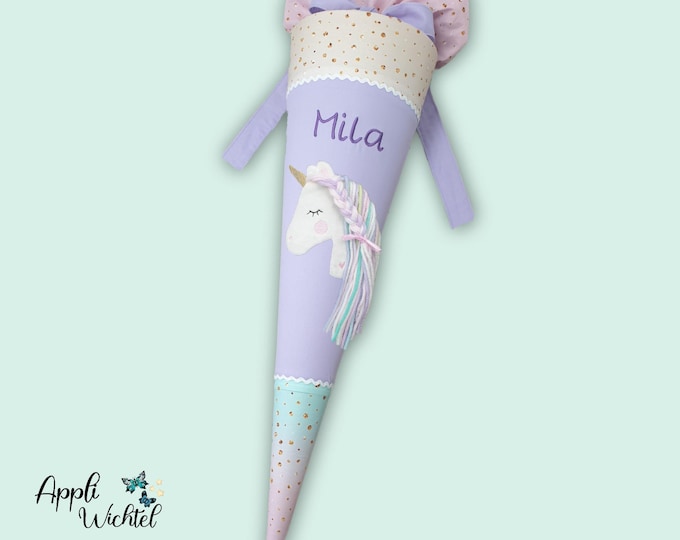 Schultüte mit Einhorn in pastel Regenbogenfarben