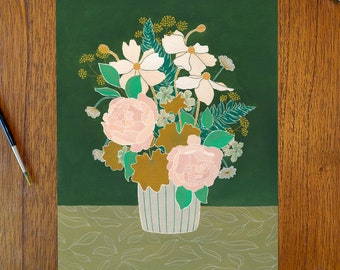 Woodland Rose Vase Print - Green & White, Gouache Flowers, multiple sizes