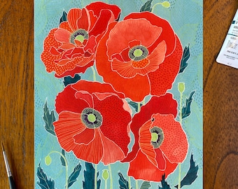 Poppies Print - Red and Blue, Gouache flowers, multiple sizes