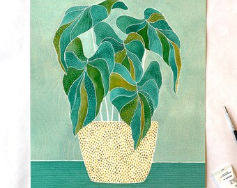Houseplant Print - Emerald & Mint, Gouache plant, multiple sizes