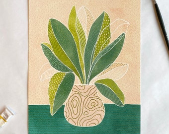 Houseplant Print - Peach & Green, Gouache Plant, multiple sizes