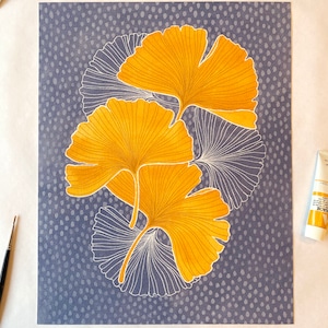 Ginkgo Leaf Print - Yellow and Blue/Grey, Gouache leaves, multiple sizes