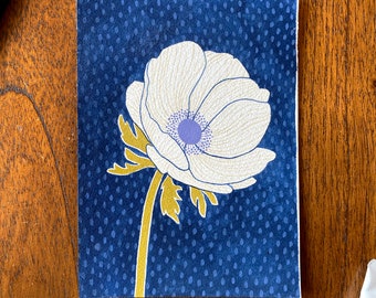 Anemone I Original Painting - Blue & White, Gouache Flower on Paper, 5"x7"