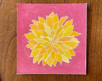 Dinnerplate Dahlia I Original Painting - Yellow & Pink/Mauve, Gouache Flower on Paper, 6"x6.125"