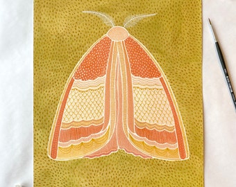 Moth Print - Lime & Coral, gouache, multiple sizes