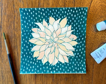 Dinnerplate Dahlia II Original Painting - Peach and Green, Gouache Flower on Paper, 6"x6"